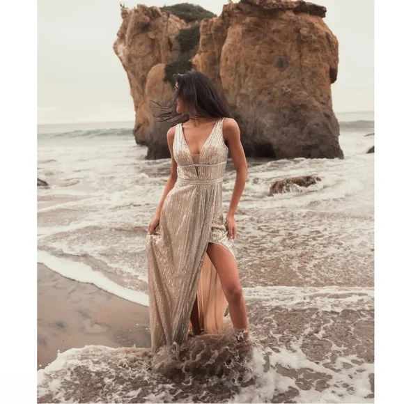 Mac Duggal Silver Metallic Plunge Neck Sequined Gown